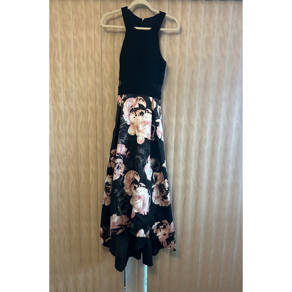 X by Xscape Womens 8 Black Floral High Low Formal Dress Wedding Guest Prom Gown